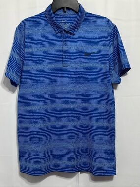 Nike Dri-Fit Golf Polo Shirt Blue White Abstract Striped Coastal Sporty Large L